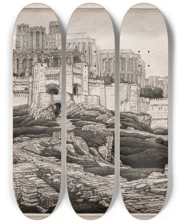 Triptych art skateboard deck of Frederick Landseer Maur Griggs Sarras by Frederick Landseer Maur Griggs (1876-1938)