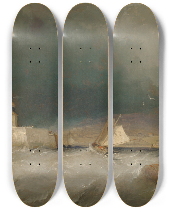 Triptych art skateboard deck of George Chambers Port On A Stormy Day by George Chambers (1803-1840)