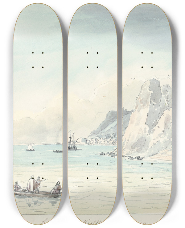 Triptych art skateboard deck of Charles Hamilton Smith Entrance To Nootka by Charles Hamilton Smith (1776-1859)
