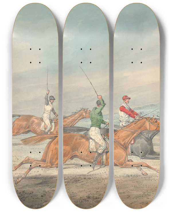 Triptych art skateboard deck of Henry Thomas Alken Steeplechasing Three Riders Galloping To Right Mounted Spectators In Background by Henry Thomas Alken (1785-1851)