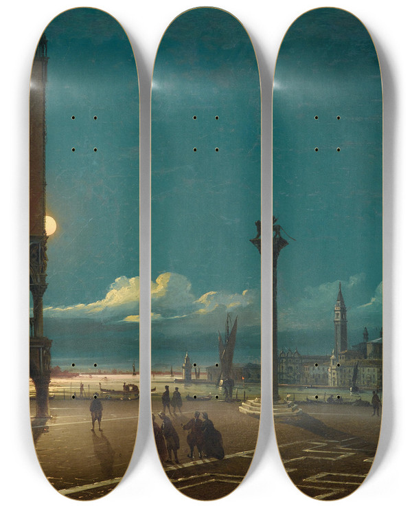 Triptych art skateboard deck of Giovanni Grubacs Piazza San Marco By Moonlight Venice by Giovanni Grubacs (1829-1919)