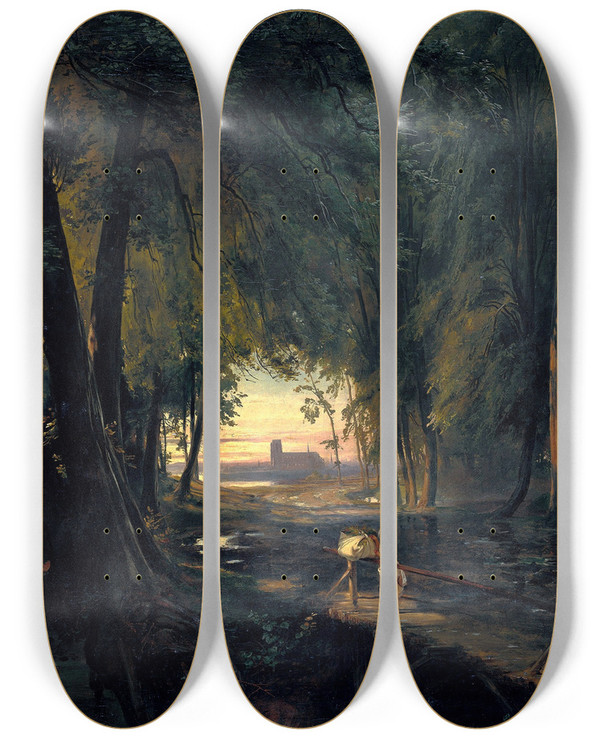 Triptych art skateboard deck of Carl Blechen Forest Path Near Spandau by Carl Blechen (1798-1840)