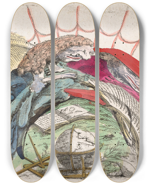 Triptych art skateboard deck of Giovanni Francesco Costa Scholars Consulting Books And A Globe by Giovanni Francesco Costa (1711-1773)