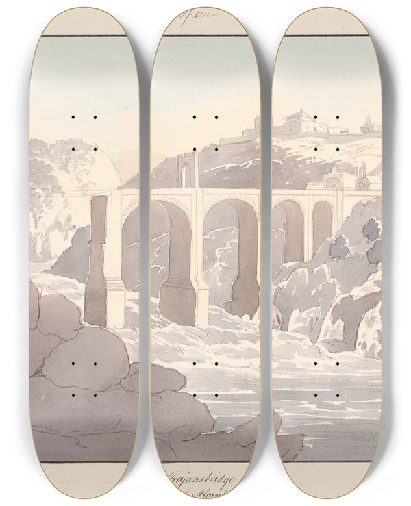 Triptych art skateboard deck of Charles Hamilton Smith Trajans Bridge At Alcantara by Charles Hamilton Smith (1776-1859)