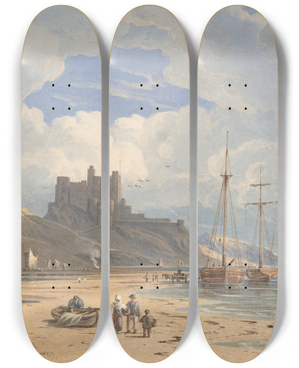 Triptych art skateboard deck of John Varley Bamborough Castle From The Northeast With Holy Island In The Distance Northumberland by John Varley (1778-1842)