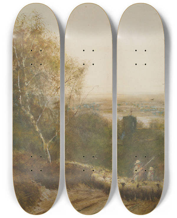 Triptych art skateboard deck of Frederick Hines Leith Hill Surrey by Frederick Hines