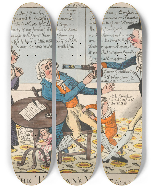 Triptych art skateboard deck of William Okeefe The Taxmans Visit Vide The Devil Will Have His Due by William Okeefe