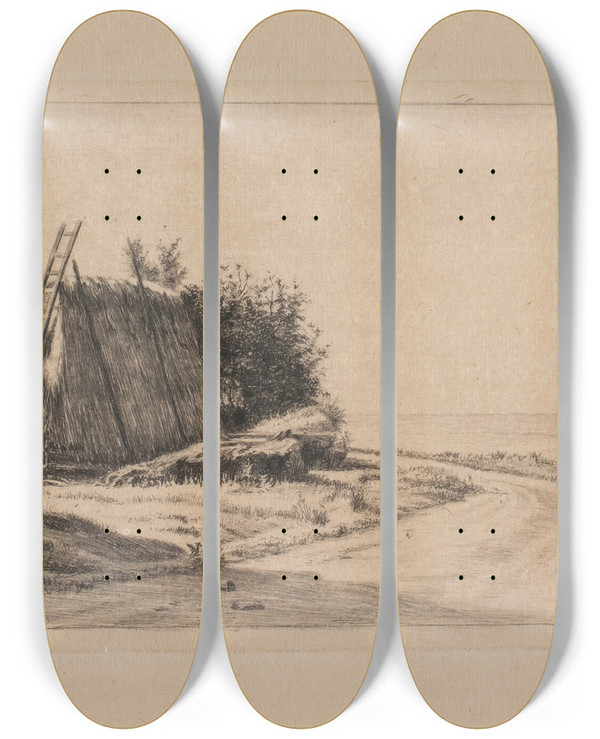 Triptych art skateboard deck of Carl Bloch Landskabet Med Hstakken by Carl Bloch (1834-1890)