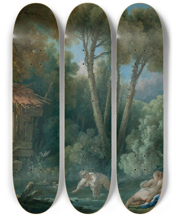 Triptych art skateboard deck of Franois Boucher Les Baigneusesswimmers by Francois Boucher (1703-1770)