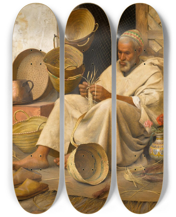 Triptych art skateboard deck of Jean Discart The Basket Weaver Tangier by Jean Discart (1856-1944)
