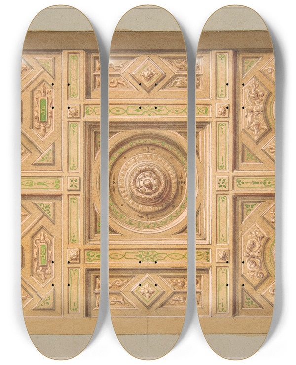 Triptych art skateboard deck of Julesedmondcharles Lachaise Design For A Paneled Ceiling With Painted Decoration by Jules-Edmond-Charles Lachaise (1897)