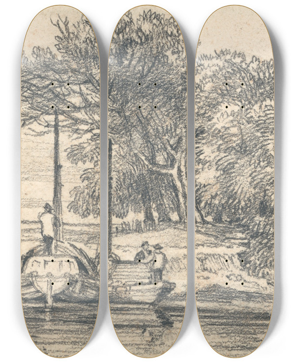 Triptych art skateboard deck of John Sell Cotman The Norfolk Broads by John Sell Cotman (1782-1842)
