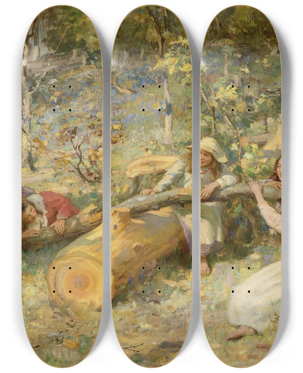 Triptych art skateboard deck of William Stuart Macgeorge Scottish Seesaw by William Stuart Macgeorge (1861-1931)