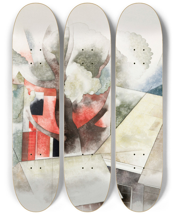 Triptych art skateboard deck of Charles Demuth Rooftops And Fantasy by Charles Demuth (1883-1935)