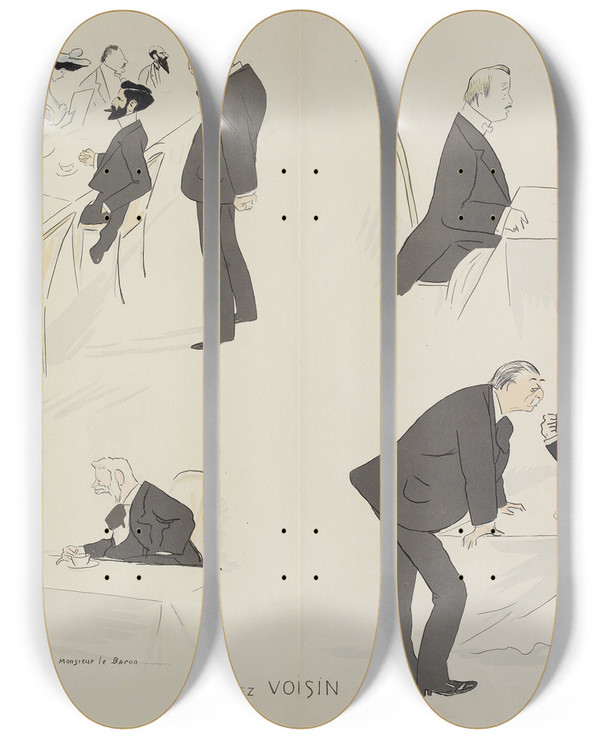 Triptych art skateboard deck of Georges Goursat Sem Chez Voisin by Georges Goursat (Sem) (1863-1934)