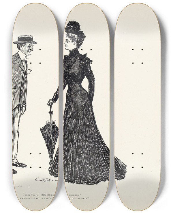 Triptych art skateboard deck of Charles Dana Gibson Young Widow How Long Should I Wear Mourning_1 by Charles Dana Gibson (1867-1944)