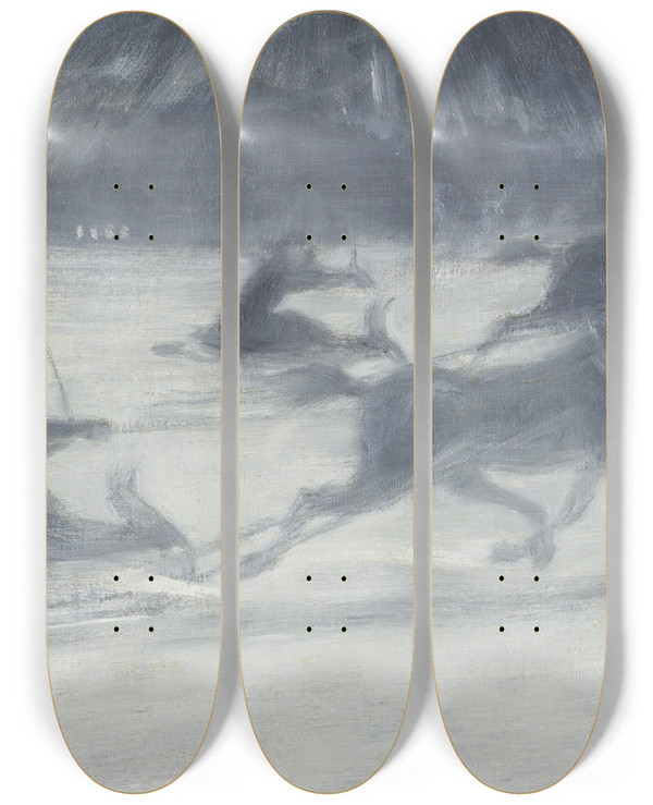 Triptych art skateboard deck of Jag Acke Sleighing On The Ice by J.A.G. Acke (1859-1924)