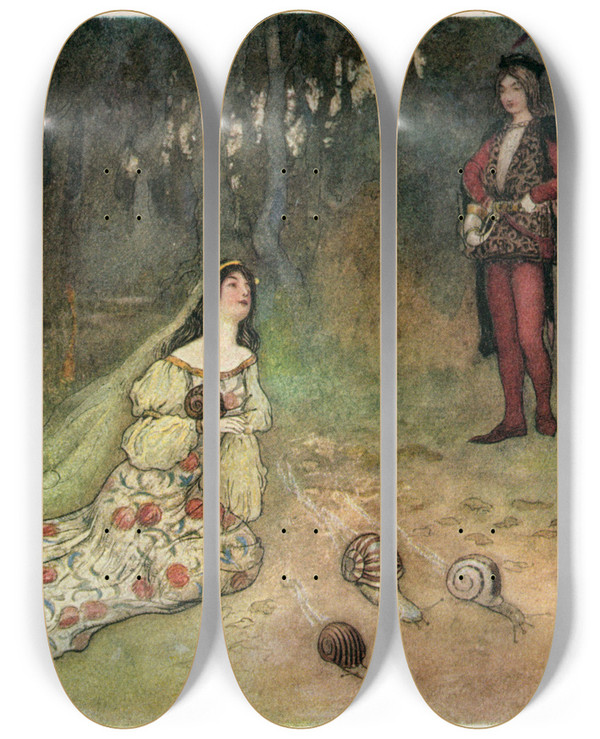 Triptych art skateboard deck of Warwick Goble The Prince And Filadoro With The Snails by Warwick Goble (1862-1943)