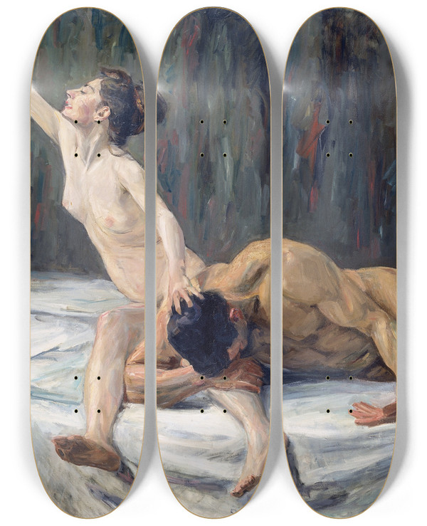 Triptych art skateboard deck of Max Liebermann Samson And Delilah by Max Liebermann (1847-1935)