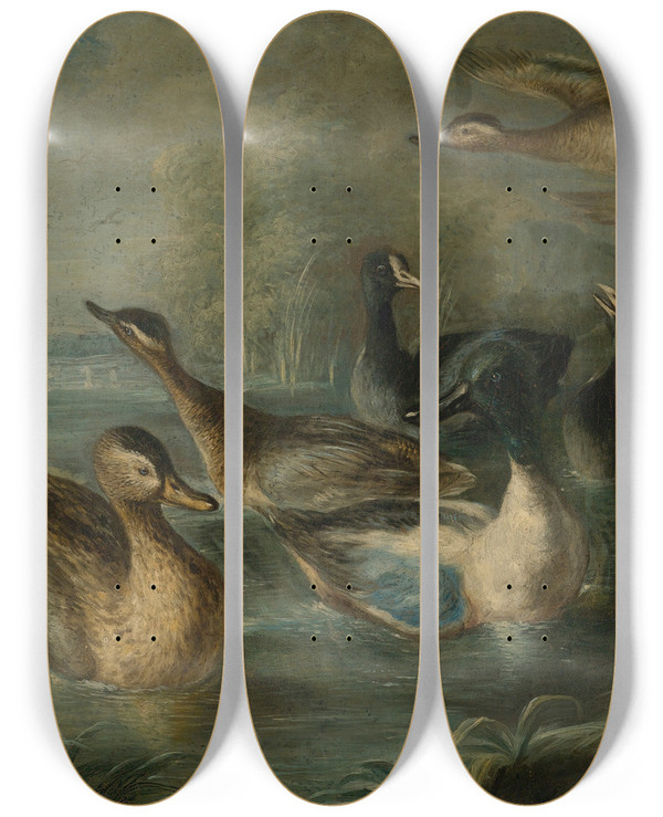 Triptych art skateboard deck of Neapolitan School Ducks On The Pond by Neapolitan School