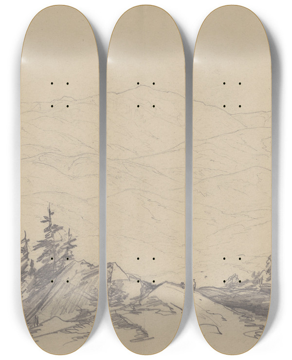 Triptych art skateboard deck of John William Casilear Mountain Landscape by John William Casilear (1811-1893)