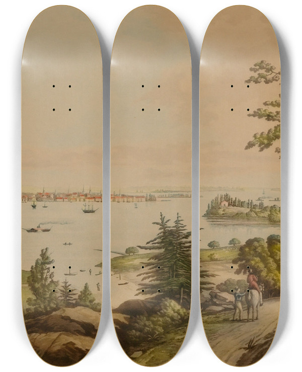 Triptych art skateboard deck of L Augier New York In 1822 From Weehawken by L Augier