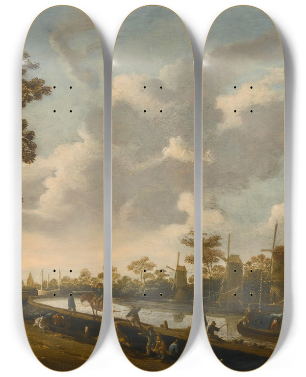 Triptych art skateboard deck of Pieter Bout A Landscape With A Barge Being Towed Along A Canal by Pieter Bout (1658-1719)