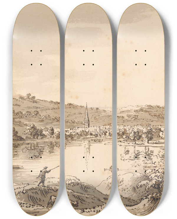 Triptych art skateboard deck of Anthony Devis Village Seen From Across A Lake by Anthony Devis (1729-1816)