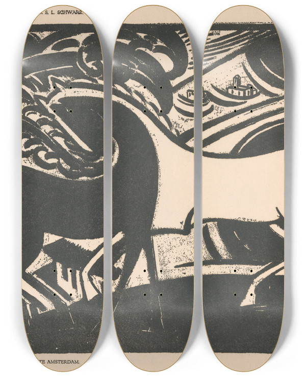 Triptych art skateboard deck of Mommie Schwarz Twee Paarden by Mommie Schwarz (1876-1942)