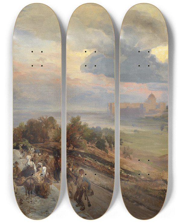 Triptych art skateboard deck of Oswald Achenbach Via Cassia Bei Rom by Oswald Achenbach (1827-1905)
