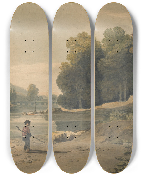 Triptych art skateboard deck of William Havell River Scene With Boy And Sheep by William Havell (1782-1857)