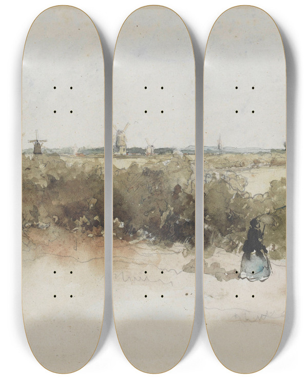 Triptych art skateboard deck of Johan Hendrik Weissenbruch Landschap Met Windmolens by Johan Hendrik Weissenbruch (1824-1903)