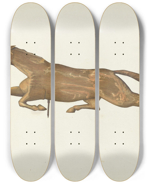 Triptych art skateboard deck of Alfred Denghausen Running Horse Weather Vane by Alfred Denghausen