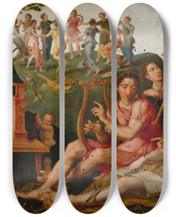 Triptych art skateboard deck of Maarten Van Heemskerck Apollo And The Muses by Maarten Van Heemskerck (1498-1574)