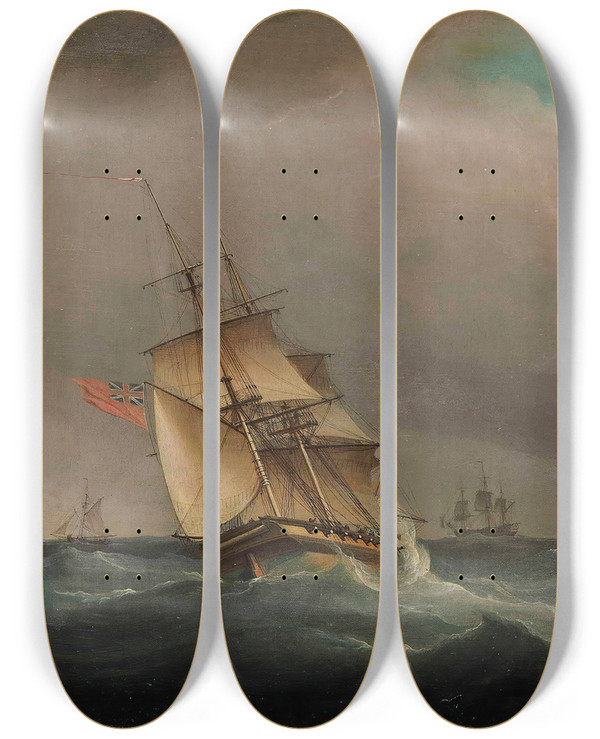 Triptych art skateboard deck of Thomas Whitcombe A Frigate Healing In The Breeze Off The Eddystone Lighthouse by Thomas Whitcombe (1763-1824)