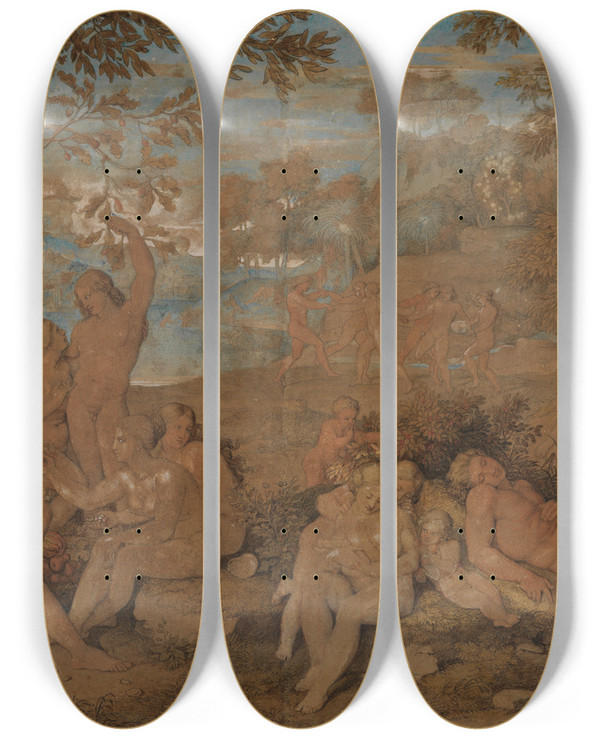 Triptych art skateboard deck of Joseph Anton Koch The Golden Age by Joseph Anton Koch (1768-1839)