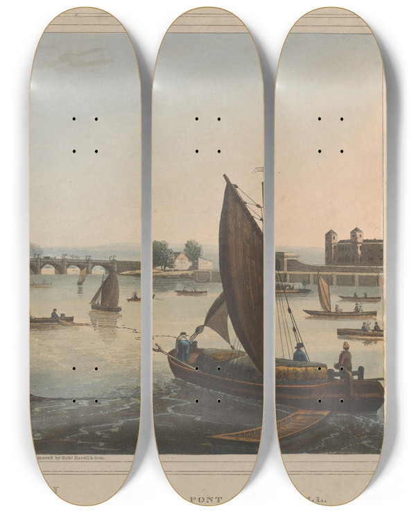 Triptych art skateboard deck of Robert Havell View Of Vauxhall Bridge by Robert Havell