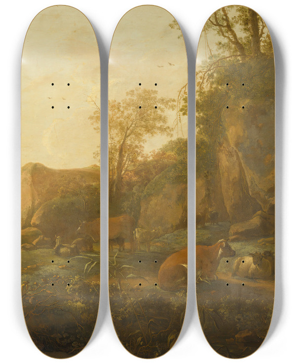 Triptych art skateboard deck of Adam Pynacker A Mountainous Landscape With Cattle by Adam Pynacker (1615-1673)