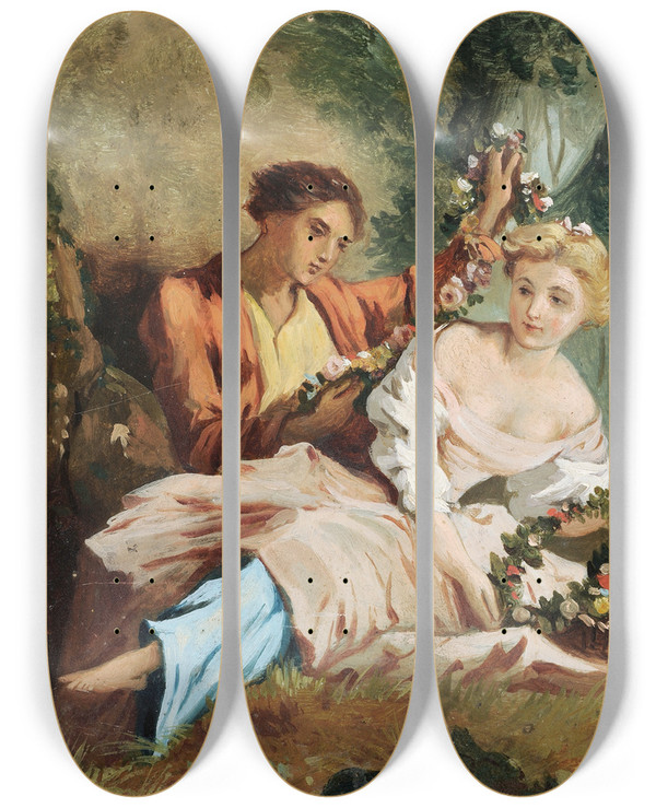 Triptych art skateboard deck of Barthlemy Menn Galant Lovers Tryst Rinaldo And Armida_1 by Barthelemy Menn (1815-1893)