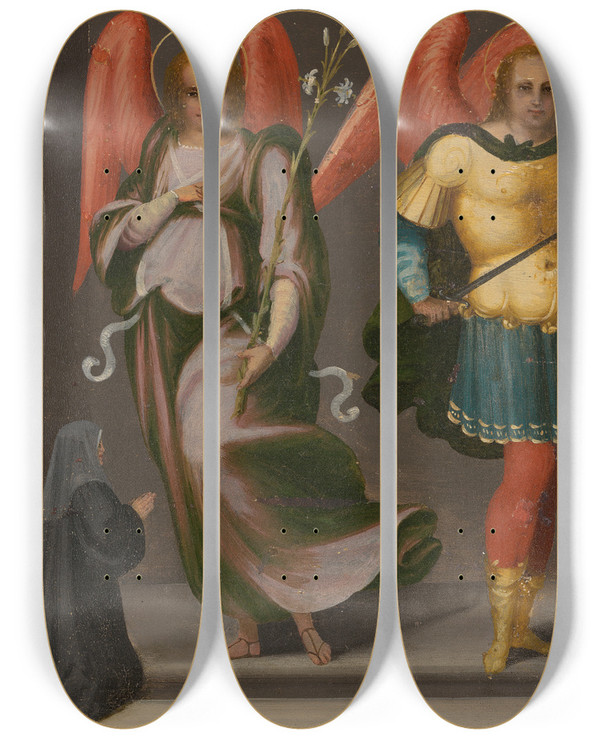 Triptych art skateboard deck of Master Of Serumido Archangels Gabriel Michael And Raphael With Tobias And A Femaledonor by Master of Serumido (1505-1540)