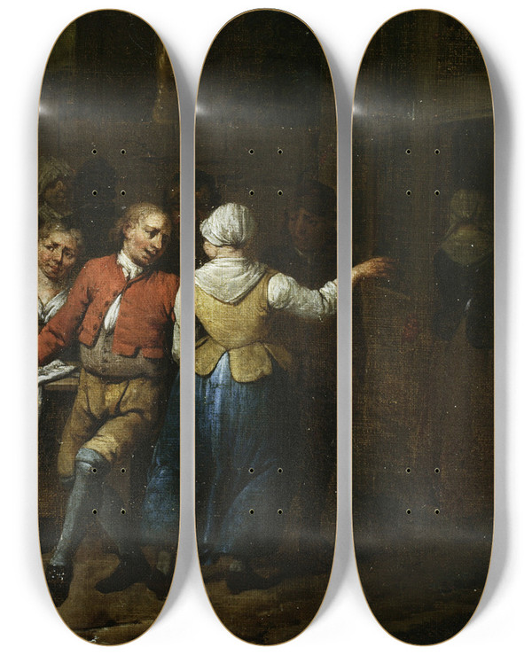 Triptych art skateboard deck of Jan Baptist Lambrechts Dancing In Front Of A Tavern by Jan Baptist Lambrechts (1680-1731)