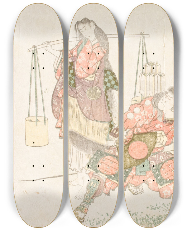 Triptych art skateboard deck of Katsushika Hokusai Minamoto No Tametomo And Two Salt Gatherers by Katsushika Hokusai (1760-1849)