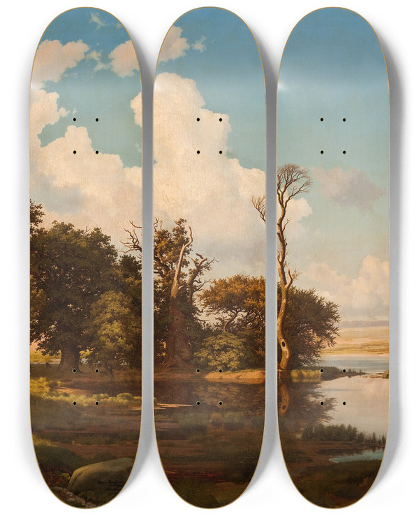 Triptych art skateboard deck of Heinrich Buntzen Oak Trees By A Pool by Heinrich Buntzen (1803-1892)
