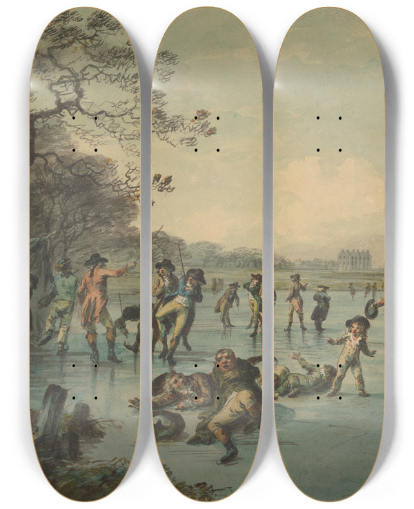 Triptych art skateboard deck of Julius Caesar Ibbetson Skating In Hyde Park by Julius Caesar Ibbetson (1759-1817)