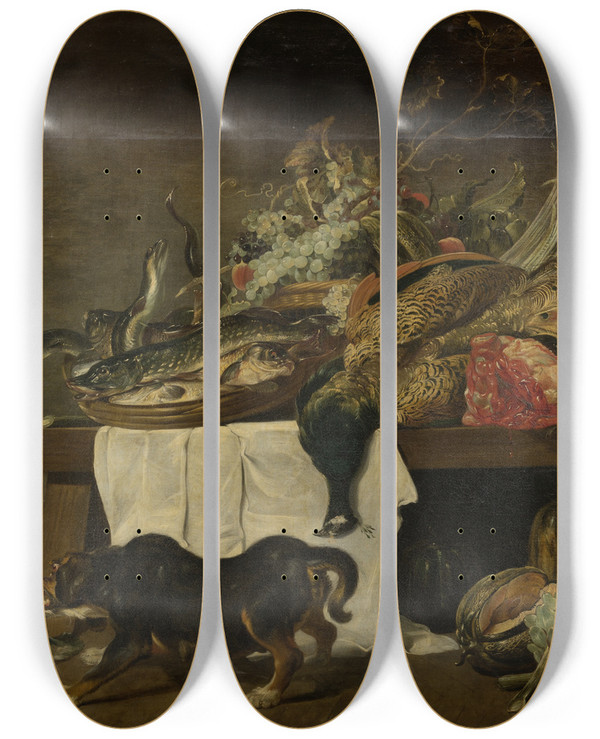 Triptych art skateboard deck of Pieter Snyers Pantry With Game by Pieter Snyers (1681-1752)