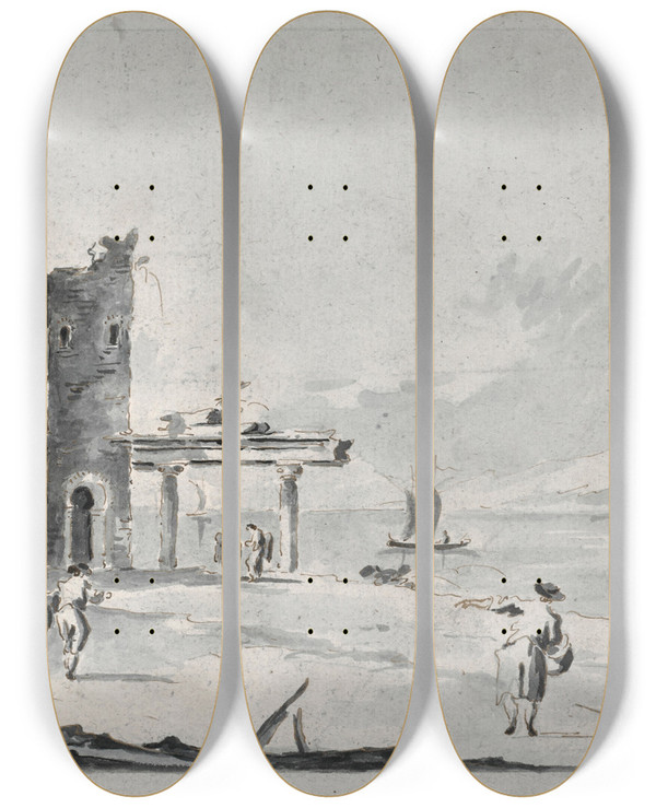 Triptych art skateboard deck of Giacomo Guardi The Venetian Lagoon With Ruins And Figures_2 by Giacomo Guardi (1764-1835)