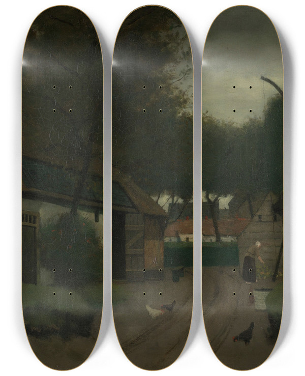 Triptych art skateboard deck of Eduard Karsen Farmstead by Eduard Karsen (1860-1941)