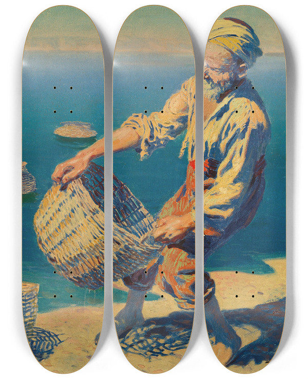 Triptych art skateboard deck of Feliks Wygrzywalski Fishermen With Baskets At The Bosphorus by Feliks Wygrzywalski (1875-1944)