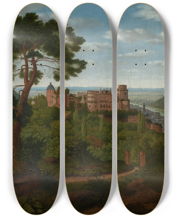 Triptych art skateboard deck of Christian Philipp Kster Blick Auf Heidelberg Und Das Heidelberger Schloss by Christian Philipp Koster