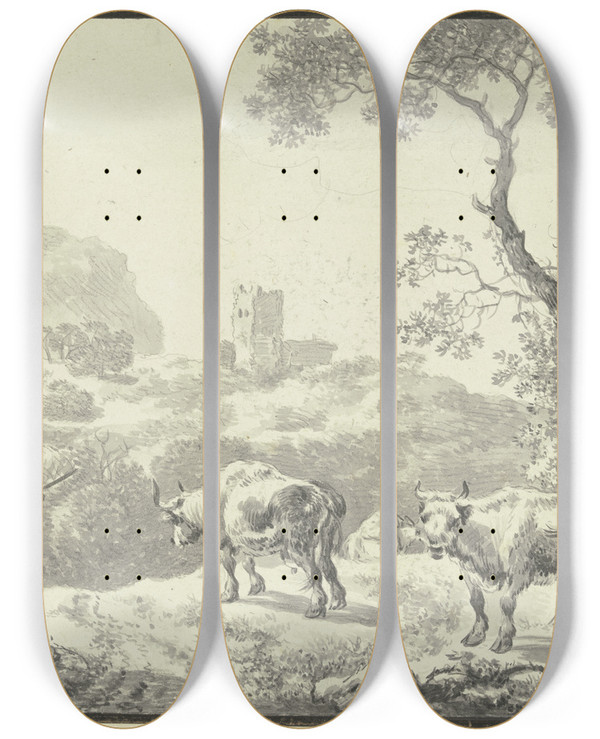 Triptych art skateboard deck of Johann Christian Klengel Landschaft Mit Einer Burgruine Zwei Hirten Fhren Ihre Viehherde Von Rechts Herbei by Johann Christian Klengel (1751-1824)